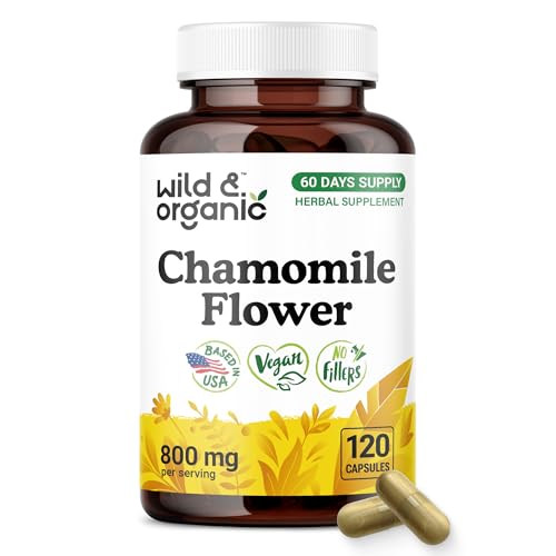 Wild & Organic Chamomile Extract Capsules 800 mg - Relaxation & Digestive Support - Chamomile Flower Extract Supplement - Matricaria Recutita Herb - Vegan No Fillers Non-GMO - 120 Count