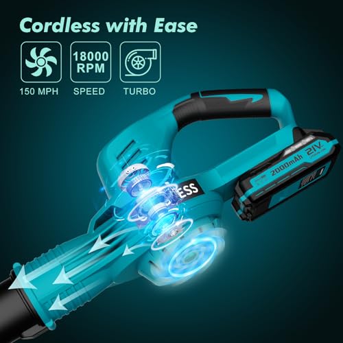 Image of Leaf Blower Cordless - 21V Powerful Electric Leaf Blower with 2 Batteries and Charger, 2 Speed Modes, 2.0Ah Lightweight Battery Powered Leaf Blowers for Lawn Care, Patio, Dust, Blowing Leaves