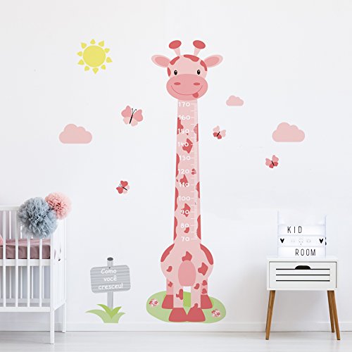 Adesivo de Parede Infantil Régua Girafa Rosa e Borboletas