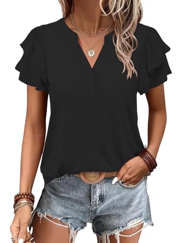 Cuptacc Tee Shirt Femme Col en V T Shirt Femme Haut Chic Et Elegant Classique T-Shirts Manches Courtes Décontract Lâches Summer Top Noir XL 46-48