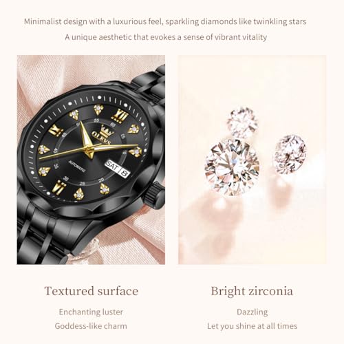Image of OLEVS Womens Diamond Watches Automatic Mechanical Gold Luxury Dress Ladies Self Winding Original Stainless Steel Wrist Watch