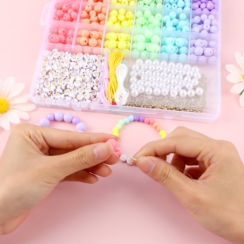 Image of Candy Color Acrylic Beads Kit Pastel Round Beads Assorted Plastic Bead Kit Letter Pearl Colorful Elastic String CCB Cute Loose Spacer Bulk for Bracelets Necklace Jewelry Making DIY Crafts