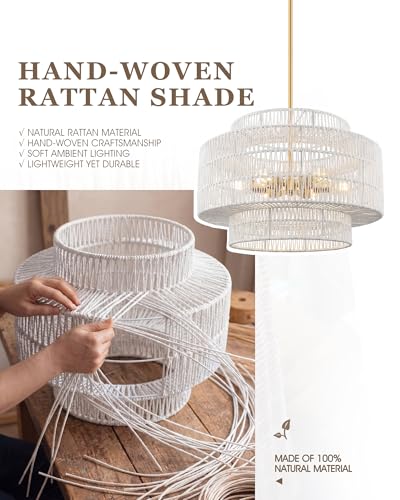Image of 24 inch Large Boho Rattan Chandelier, 3-Tier White Hand-Woven Shade | 6-Light Gold Dining Room Light Fixture, Pendant Lights for Living Room Bedroom, Adjustable Height, AD-25050-6P-WH