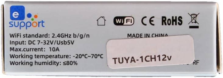 Product packaging showing specifications like WiFi standard, input, max current, working temperature, and humidity.