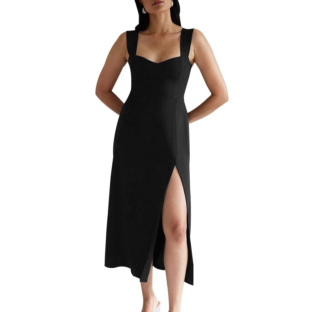 Vestito Senza Maniche Donna Elegante Abito Cerimonia con Spacco Laterale Vestiti Eleganti da Cocktail Abito Midi Formale Vestito da Sera Scollo Cuore Abiti da Festa