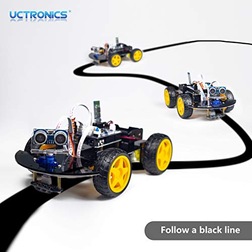 UCTRONICS Smart Bluetooth Robot Car Kit - Board for Arduino UNO R3, Line Tracking, Ultrasonic Sensor, HC-05 Bluetooth, L239D Motor Shield, IR Remote Control, Mobile APP - Charger Included