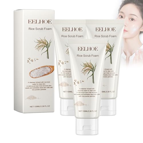 Rice Scrub Foam,Rice Brightening Cleanser,Rice Daily Scrub Foam,Rice Bran Face Scrub Foam,Hydrating Rice Water Cleansing Foam,Rice face wash korean,Gentle Rice Water Face Wash (3pcs,Beige)