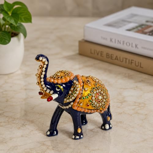 Image of eCraftIndia Handcrafted Blue Elephant Showpiece with Kundan Work for Home Decor, Decorative Lucky Elephant Figurine, Traditional Rajasthani Elephant Statue for Living Room & Office