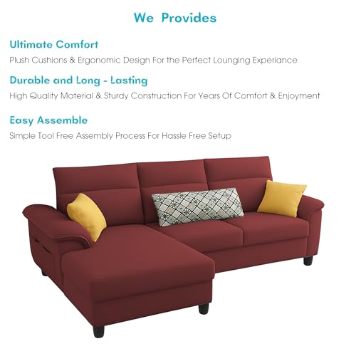 Image of Casaliving Seams LHS 4 Seater L Shape Sofa for Living Room (Maroon Fabric) Premium Fabric Sofa