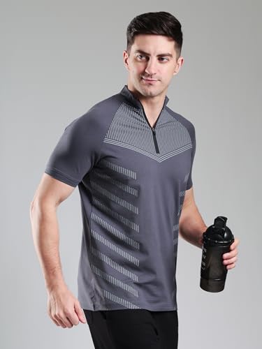 Image of GROW Stylish Aeroflex Zip T Shirt for Men Workout | Cotton and Spandex Quarter Zip Back Printed Collar T-Shirts for Men Half Sleeves