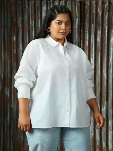 Image of High Star Women Solid Cotton Oversized Fit Collar Long Sleeve Shirts 76