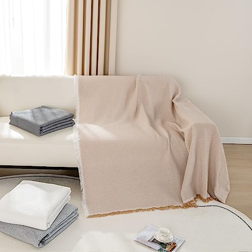 LHGOGO Waffel Sofa Überwurfdecke 180x300cm Große 3 Sitzer Sofaüberwurf Vielseitige Wohndecke als Sofadecke, Couch Überwürf, Sofa Überzug und Tagesdecke mit Deko Quasten - Beige