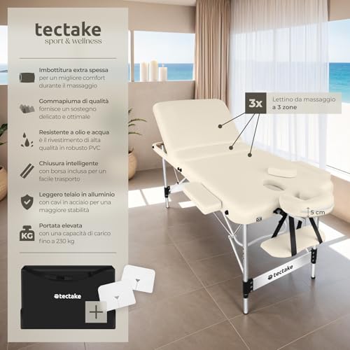 Tectake® Lettino Da Massaggio Pieghevole A 3 Zone, Lettino Massaggio Portatile, Lettino Estetista Con Poggiatesta E Poggiapiedi Regolabili - Larghezza Senza Braccioli: 70 Cm, Beige - 2