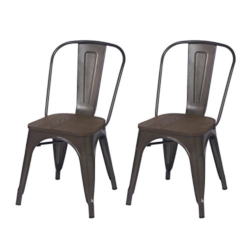 Adeco Metal Stackable Industrial Chic Dining Bistro Cafe Side Chairs (Set of 2), Black Bronze with Wooden seat