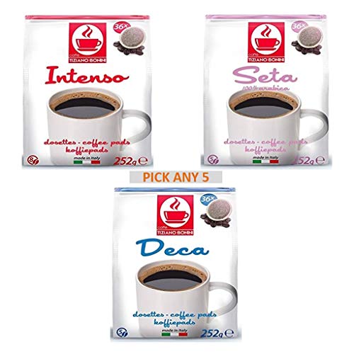 Bonini Coffee Pods, Senseo Compatible Pods. Pick Any 5 Packs (Each Pack 36 pods) from 3 Different Flavours Inc. Decaf, Intense, Seta (Total 180 Pods) - 100% Italian Coffee