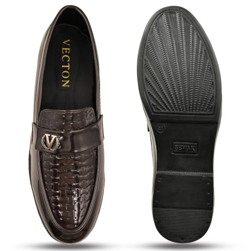 Image of Men's Glossy Loafers | Synthetic Leather | Formal Slip-On Shoes for Men | Woven Texture Patent Finish | Cushioned Comfort | Office, Party & Wedding | Black - Multicolour
