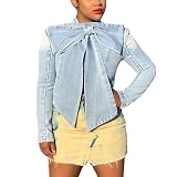 Women's Bow Design Denim Shirts Elegant Long Sleeved Solid Color Mock Neck Crop Shirts Light Blue