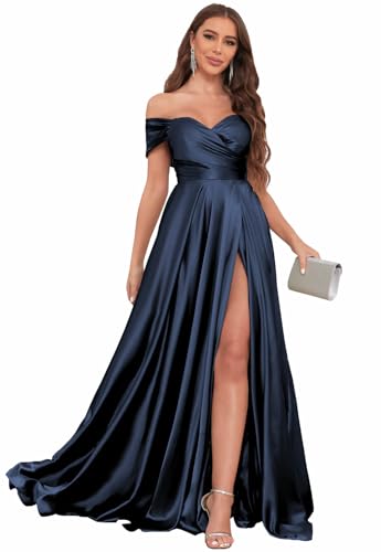 Image of SOLODISH Off The Shoulder Satin Prom Dresses for Women Long Formal Evening Party Dress with Slit