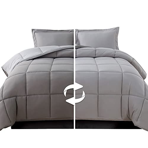 Image of Elegant Comfort 3-Piece Reversible Comforter Set, All Season Cozy, Soft Down Alternative, Quilted - Box Stitched - Duvet Insert with 4 Corner Tabs, Comforter with Shams, Twin XL, Gray /Silver