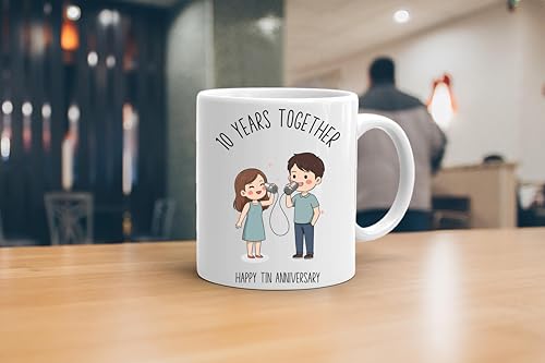 VIROSA 10 Years Tin Anniversary Mug – 11oz Ceramic Coffee Cup Gift for Husband, Wife, Couples – Tenth Wedding Anniversary Present Idea, Romantic Keepsake