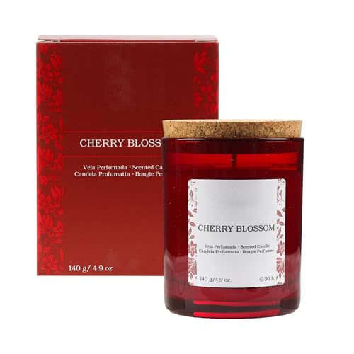 H HANSEL HOME Vela Perfumada Botanical, Vela en Vaso de Cristal con Tapa de Corcho - Velas Aromáticas de Cera Vegetal, Vaso Reutilizable, 30h Duración, 8.5x7cm, Cherry Blossom, 140g x 1 unidad