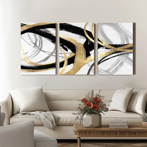 Image of DUWQU Triptych Black Gold White abstract Lines Canvas Wall Art 16x24 in x3