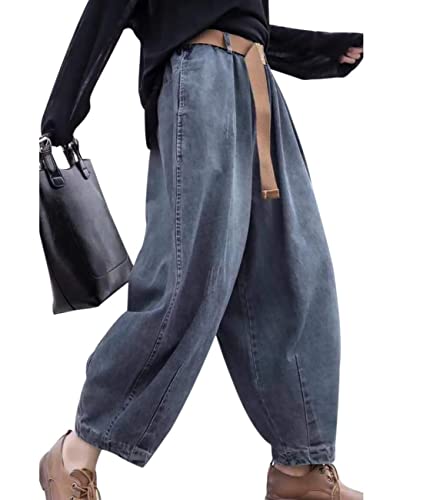 YESNO Women Casual Loose Cropped Trousers Pants Denim Bloomers Elastic Waist with Pockets PJD