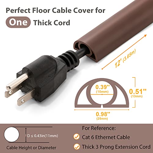 12ft Cord Cover Floor for Extension Cords, Self-Adhesive Floor Cable Cover to Protect Cables & Prevent Tripping, PVC Cord Hider Protector, Internal Wire Management Channel Diameter: 0.39", Brown by ZhiYo - Image 2