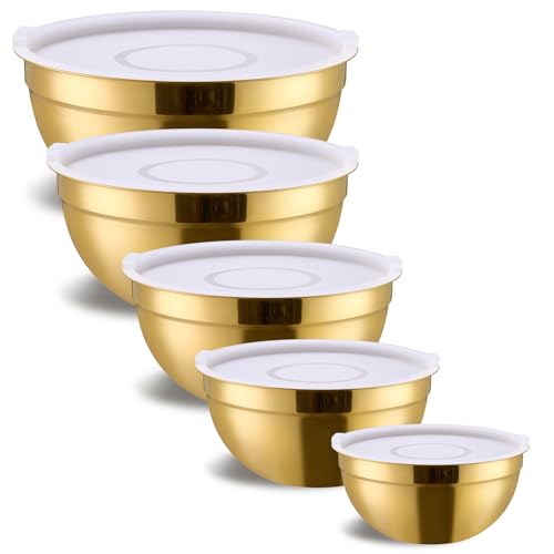 Onlycooker Gold Mixing Bowls With Airtight Lids,Stainless Steel Bowl,Salad Bowls 5 Piece Colorful Nesting Bowl Gold Kitchen Accessories,Size 5.5,3.6,2.7,2.1,1.5QT Stackable Design