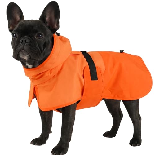 Image of BRKURLEG Dog Raincoat, Waterproof Rain Jacket with Hood, Orange, M | Adjustable Windproof Rainproof Jacket with Leash Hole, Reflective Breathable Rain Coat Poncho, for Small to Large Dogs