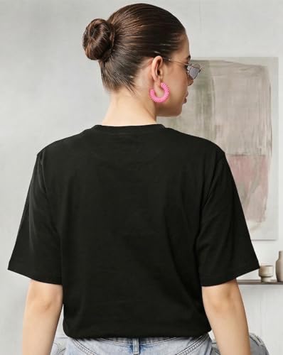 Image of Women's Typography Round Neck Cotton-Blend T-Shirts, Oversized Drop Shoulder Boho Style T-Shirt
