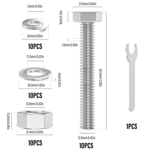 Image of 10PCS 1 /2-13 x 3 304 Stainless Steel External Hex Bolt, Fully Threaded Bolt with Nut Flat & Lock Washers and Spanner