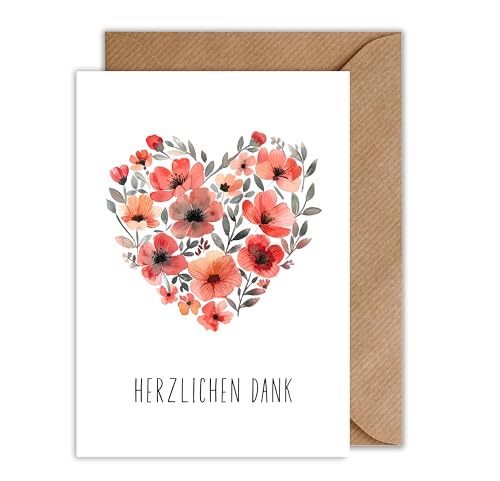 Herzlichen Dank Blumenherz - Dankeskarte mit Umschlag - Dankeschön Karte Abschiedkarte (DIN A6)