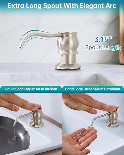 Image of Built in Deck Mount Liquid Lotion Kitchen Countertop Metal Soap Dispenser, Brushed Nickel Brass Dispenser Pump with 47.2 inch Silicone Long Tube for 0.79 inch- 1.38 inch High Capacity Bottle Mouths