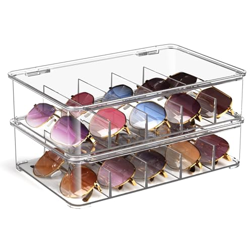 FUNGRINS Sunglasses Organizer acrylic Clear Plastic Stackable sunglasses case with 5 Compartments Glasses Organizer sunglasses holder for Multiple Pairs of glasses -2 Pack