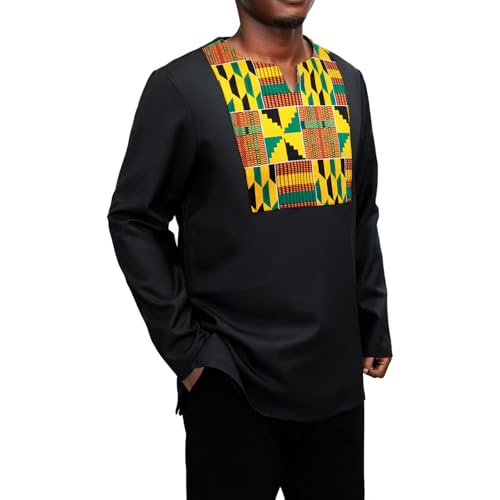 African Shirt for Men Kente Tribal Patchwork Long Sleeve Dashiki Shirt Nigerian Top Attire2