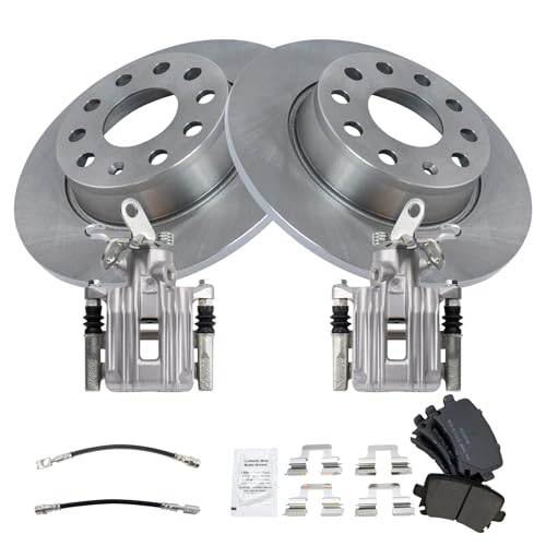 Image of TRQ Rear Brake Pad and Rotor Set Semi Metallic Rotors Calipers Compatible with 2010 Audi A3 A3 Quattro Volkswagen Golf Jetta 2011 GTI