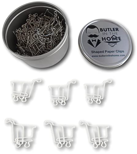 Butler in the Home 100 Count Shopping Cart Shaped Paper Clips Great for Paper Clip Collectors or Office Gift - Comes in Round Tin with Lid and Gift Box - Silver Metal