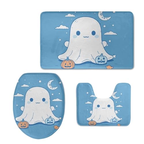 Flashideas Cute Ghost Bathroom Rug Set Absorbent Bath Mat Set Bath Rug + Contour Mat + Toilet Seat Cover Non Slip Contour Mat Toilet Lid Cover and Bath Rug with Backing