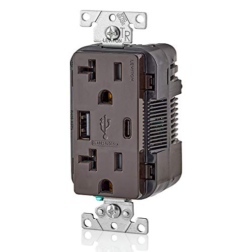 Image of Leviton Type A & Type-C USB in-Wall Charger with 20A Tamper-Resistant Outlet, USB Charger for Smartphones and Tablets. Not for Laptops, T5833-B, Brown