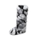 WOVOIE Knee High Fur Boots for Women Faux Fur Boots, Fluffy Round Toe, Winter Cosy Plush Warm Outdoor Snow Boots (Black and white decors, Adult, Women, 10, Numeric, US Footwear Size System, Medium)