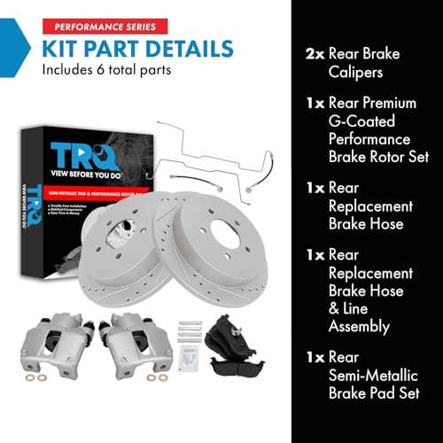 Image of TRQ Performance Rear Brake Pad and Rotor Set Semi Metallic Slotted Drilled Coated Rotors Calipers Compatible with 1999-2003 Ford F-150 2004 F-150 Heritage