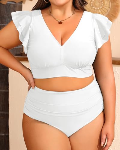 Daci Plus Size Two Piece Bikini Swimsuits - High Waisted Tummy Control Women Bathing Suits with Ruffle Sleeve Swimwear4