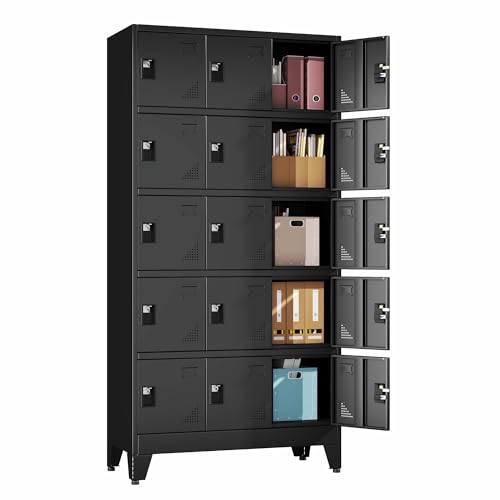 Image of Metal Lockers for Employees, 15 Doors Black Steel Storage Locker Cabinet | Heavy Duty Employee Lockers with Name Card Holders & Ventilation Holes for Office School Gym Garage, Easy Assembly