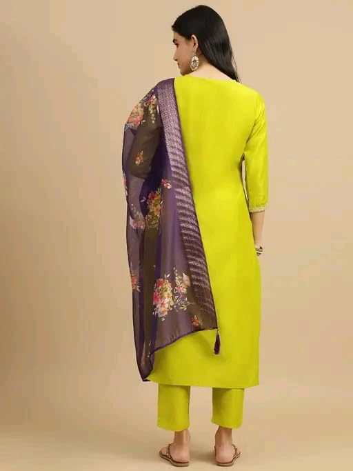 Image of Women's Embroidered Straight Kurta Set with Pant and Floral Silk Dupatta