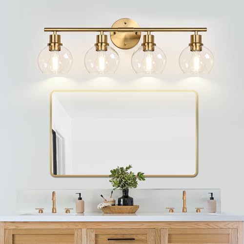 Image of Indoi 4-Light Bathroom Light Fixtures,Gold Modern Vanity Lights Over Mirror with Clear Glass Globe Shade, Bathroom Wall Sconces for Mirror Kitchen Living Room Hallway Cabinet Bedroom Porch