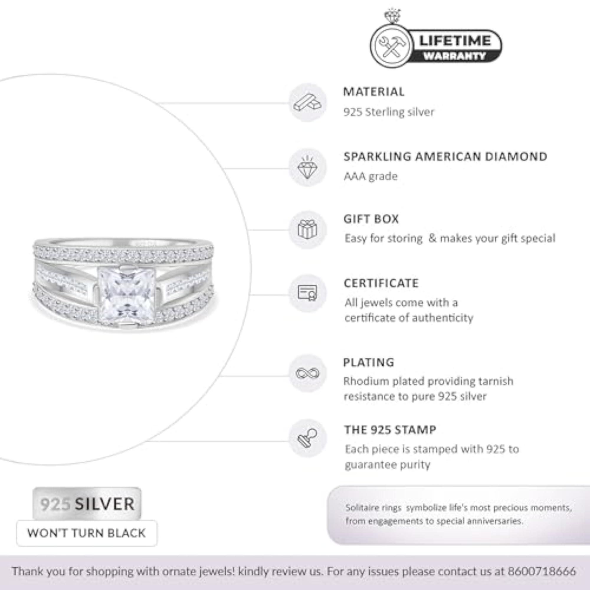 925 Silver Princess Cut CZ Solitaire Ring for Women