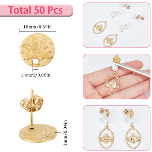 SUNNYCLUE 1 Box 50Pcs Earring Post Findings 304 Stainless Steel Earring Posts Textured Flat Round Post Earrings Gold Earring Studs with 50pcs Butterfly Earring Backs for jewellery Making Accessories - Image 2