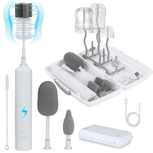 Image of Yoobao Electric Baby Bottle Cleaner Kit, Rechargeable Travel Bottle Cleaner Set with Drying Rack, 3 Speed Cleaning Modes, Nipple, Straw, Sponge Brush, Ideal Present for After Birth Moms