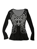 RoseSeek Women's Rhinestone Graphic Tees Long Sleeve Y2K Gothic T Shirts V Neck 2000s Fall Outfits Streetwear Black Small